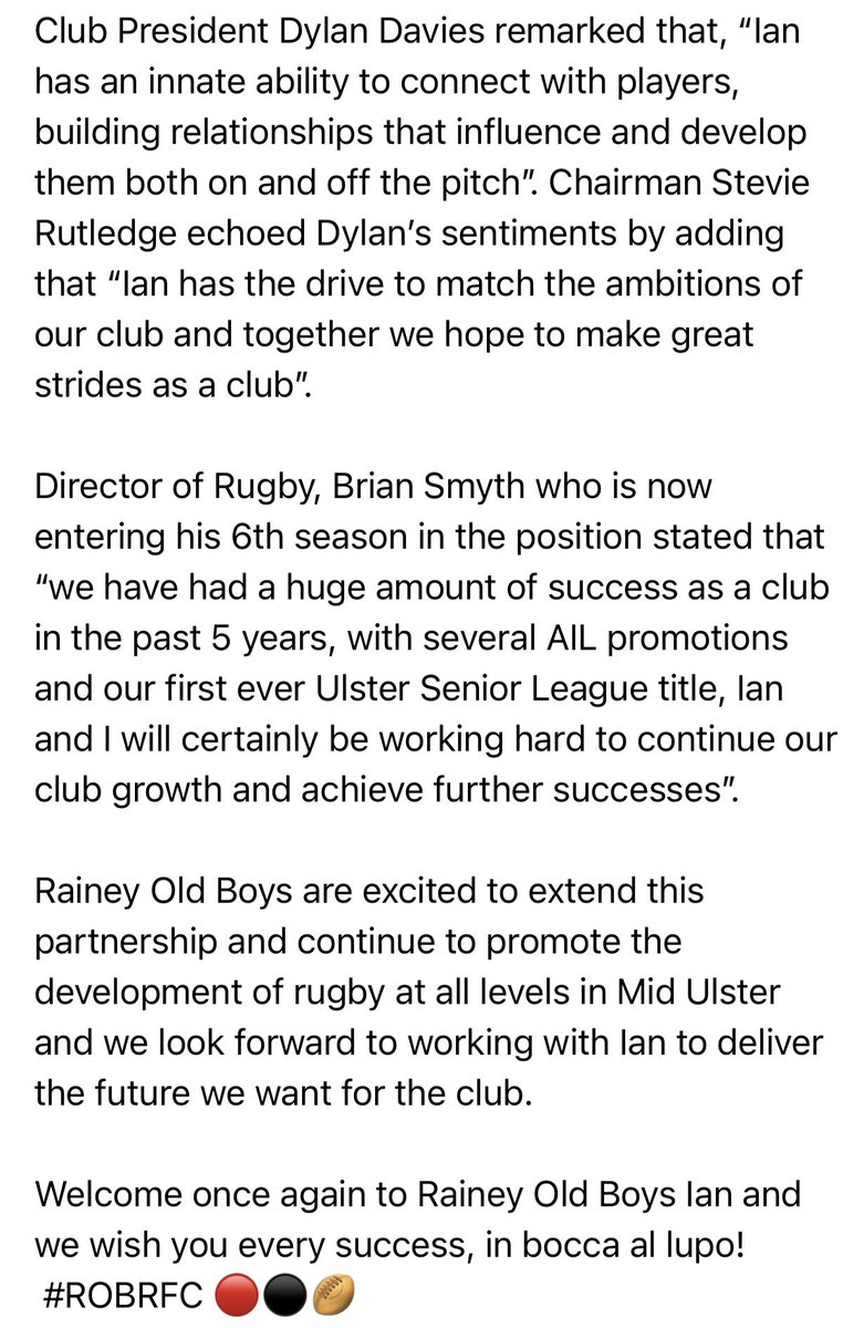 RaineyRFC's tweet photo. Benvenuto McKinley!

Rainey Old Boys RFC are delighted to announce the appointment of Ian McKinley as its Head Coach for the 2021/22 Season. #ROBRFC 🔴⚫️🏉 https://t.co/rahujdmLYn