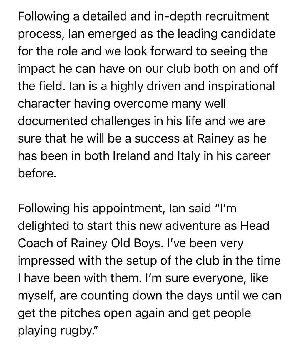 RaineyRFC's tweet photo. Benvenuto McKinley!

Rainey Old Boys RFC are delighted to announce the appointment of Ian McKinley as its Head Coach for the 2021/22 Season. #ROBRFC 🔴⚫️🏉 https://t.co/rahujdmLYn