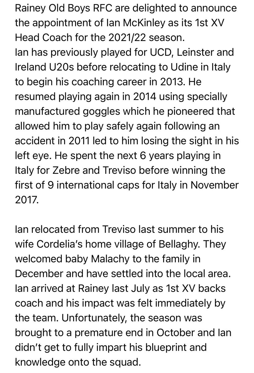 RaineyRFC's tweet photo. Benvenuto McKinley!

Rainey Old Boys RFC are delighted to announce the appointment of Ian McKinley as its Head Coach for the 2021/22 Season. #ROBRFC 🔴⚫️🏉 https://t.co/rahujdmLYn