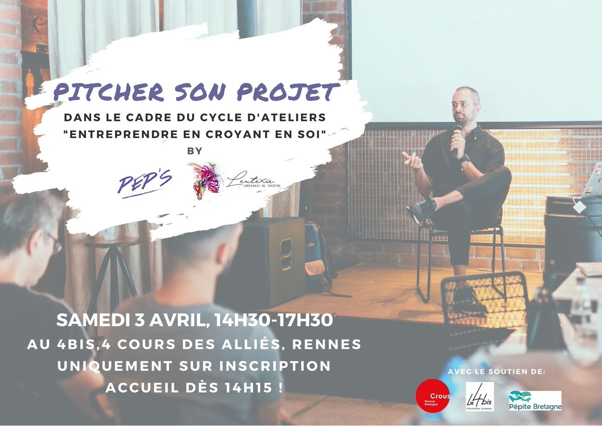 PepsAsso's tweet photo. Atelier pour les jeunes entrepreneurs/porteurs de projets: PITCHER SON PROJET

📍 4bis, 4 Cours des Alliés, 35000 Rennes
🗓️ samedi 3 avril
⏰ de 14h30 à 17h30
👉 Gratuit sur Inscription: https://t.co/1FxSY4oows https://t.co/UGdzGoRlfW