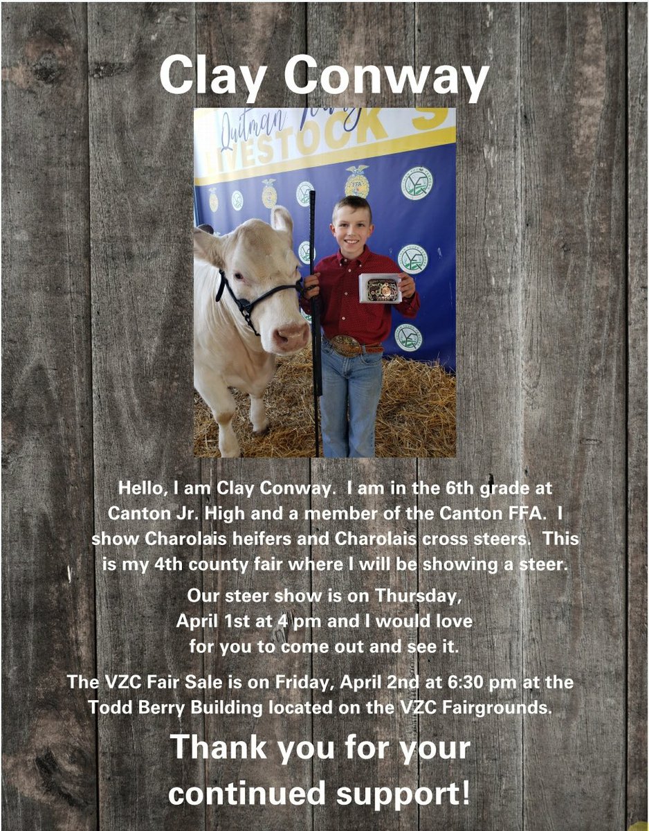 cantonffa's tweet image. Here's our ClayPot!! Sometimes I forget that Clay is only a 6th grader, because when it comes to work and anything related to his cattle projects, he sure seems much older than that.

Come out to the Van Zandt County Fairgrounds on Thur, April 1 @ 4 to watch Clay show his steer!