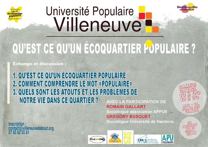 reseau_urbain's tweet photo. Séance de l'université populaire de la Villeneuve de #Grenoble le samedi 3 avril de 10h à 12h : "Qu'est ce qu'un écoquartier populaire" ? avec la participation de Romain Gallard @reseau_APPUII
et Grégory Busquet du @CRH_LAVUE
#copolis #biennalegrenoble https://t.co/0QrREX6x7z