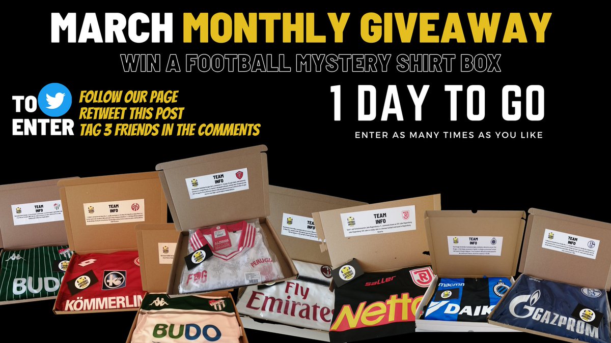 FootballMyst's tweet photo. 🚨REMINDER - 1 DAY 2 GO 🚨

We're giving away a Mystery Shirt Box to one of our followers!

ENTRY IS EASY - all you have to do is:

🚸FOLLOW our page
🔄RETWEET this post
🤝TAG 3 friends in the comments

Winner announced March 31st.

Good luck everybody. 🎁

👕❓⚽ https://t.co/1gLmLhjXHr