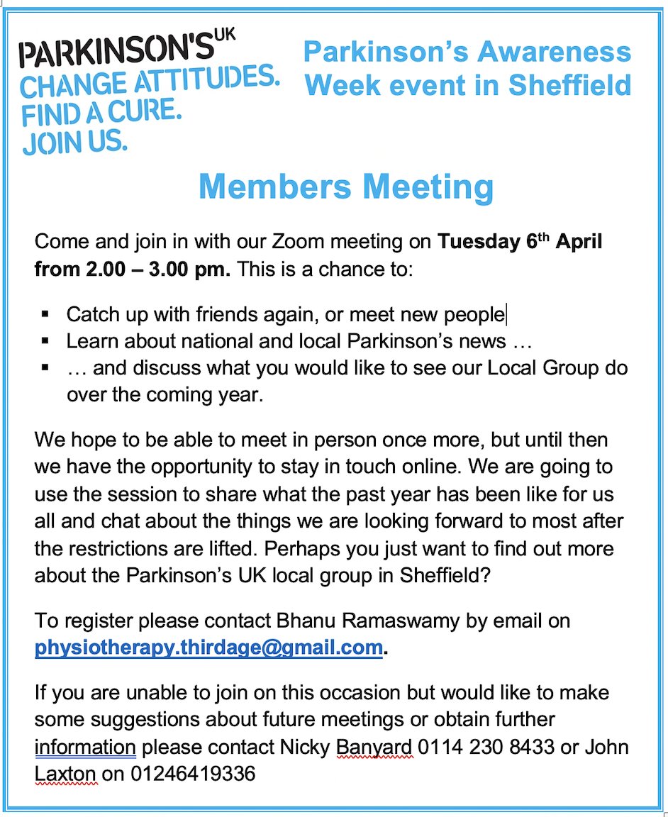 Bhanu Ramaswamy OBE (@bhanuphysio) on Twitter photo Reconnecting with #Sheffield #Parkinsons <a href="/ParkinsonsUK/">Parkinson's UK</a> members 6th April 2.00 pm. Sheffielders, <a href="/auntypj/">Pamela Goff</a>, <a href="/Sheffieldphysio/">sheffieldphysio</a>, <a href="/LindleyClare/">Clare Lindley</a> please spread the word so we are join via Zoom by as many people as possible. Email Bhanu at physiotherapy.thirdage@gmail.com for Zoom code. Reconnecting with #Sheffield #Parkinsons <a href="/ParkinsonsUK/">Parkinson's UK</a> members 6th April 2.00 pm. Sheffielders, <a href="/auntypj/">Pamela Goff</a>, <a href="/Sheffieldphysio/">sheffieldphysio</a>, <a href="/LindleyClare/">Clare Lindley</a> please spread the word so we are join via Zoom by as many people as possible. Email Bhanu at physiotherapy.thirdage@gmail.com for Zoom code.