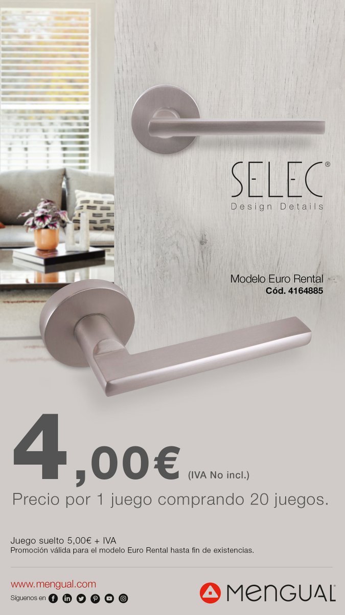 InfoMengual's tweet photo. EURO RENTAL; UNA MANETA ESTÉTICA A PRECIO MUY COMPETITIVO
De roseta redonda acabada con un elegante efecto Inox Mate que proporciona una agradable sensación al tacto.
https://t.co/IGjOKjqejf
#reformas #decoracion #diseñointerior #homedeco #puertas #madera #carpinteria #manetas https://t.co/D7LN4KTVg8