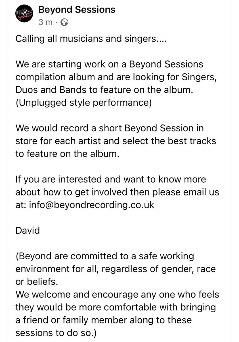 Beyond_Sessions's tweet photo. Calling all musicians and singers....
We are starting work on a Beyond Sessions compilation album.
If you are interested and want to know more then please email us at: info@beyondrecording.co.uk
David
@beyond_vinyl @nevolume @narc_magazine @the_Crack #beyondsessions https://t.co/XbkprNZTfu