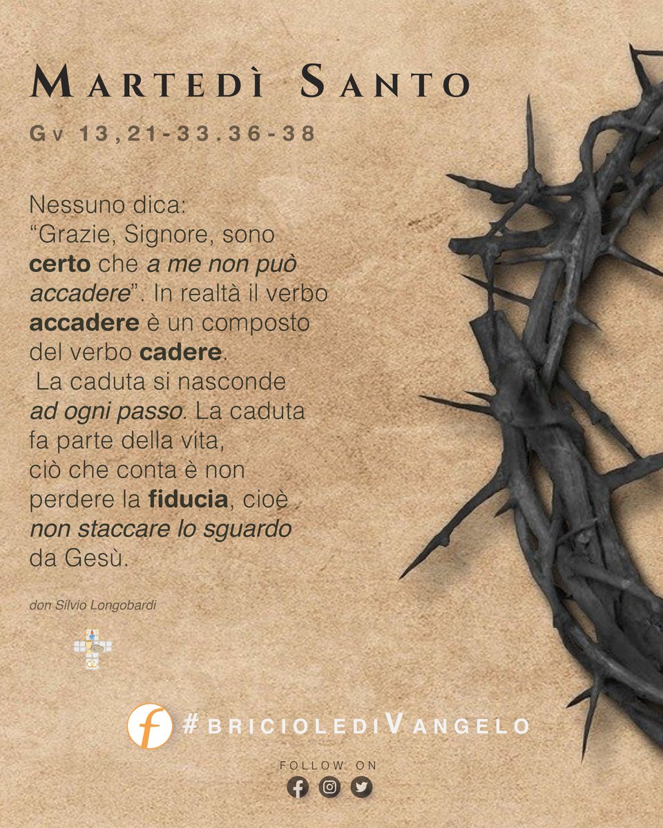 𝙇𝙖 𝙘𝙖𝙙𝙪𝙩𝙖
“Uno di voi mi tradirà” (Gv 13,21)

Leggi il commento di oggi qui: puntofamiglia.net/puntofamiglia/…

#briciolediVangelo #fraternitadiEmmaus #puntofamiglia
