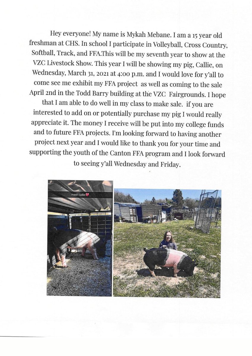 cantonffa's tweet image. Hey y'all, this is our girl Mykah Mebane!  Mykah is a freshman this year, and has become a big part of our FFA Family!  

Mykah and her siblings each have a pig to show in the market swine show on Wednesday!

She would love to see you there!