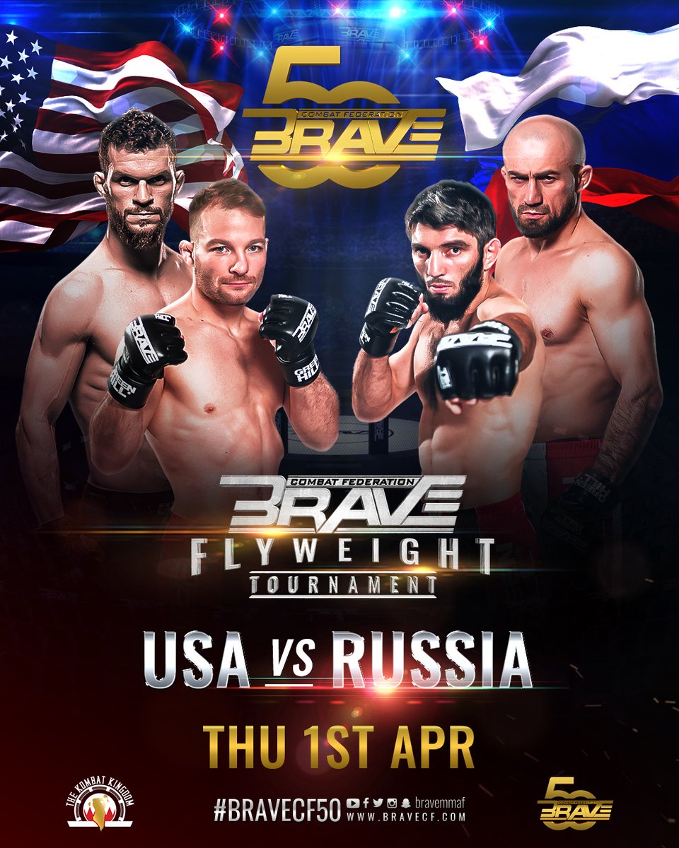 bravemmaf's tweet photo. Two amazing Flyweight bouts! Two titanic nations in the MMA world!

Who will prevail on #BRAVECF50? Russian Sambo 🇷🇺 or American wrestling 🇺🇸? 

Watch #BRAVECF50 fight night LIVE &amp; FREE only on https://t.co/fMntiTbleT 

#BRAVECF #HistoricEvent #Flyweighttournament https://t.co/pd4ona7coX