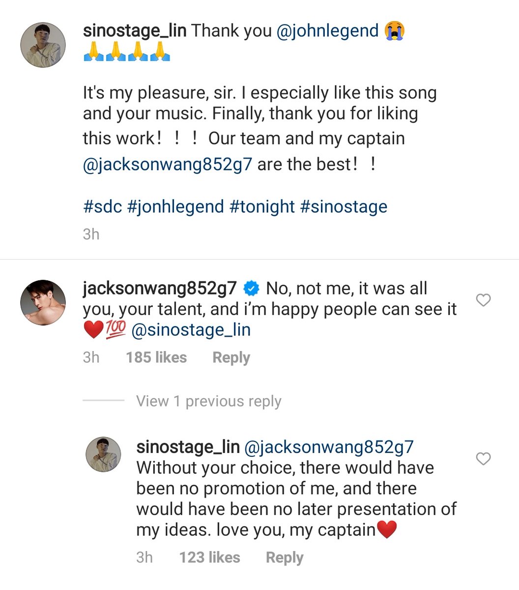 JacksonWGlobal's tweet photo. [#JACKSTAGRAM] 210330

Lin: ...Our team and my captain @JacksonWang852 are the best!
Jackson: No, not me, it was all you, your talent, and I'm happy people can see it❤️💯
Lin: Without your choice ... there would have been no later presentation of my ideas. love you, my captain❤️ https://t.co/RA22UoeaAy