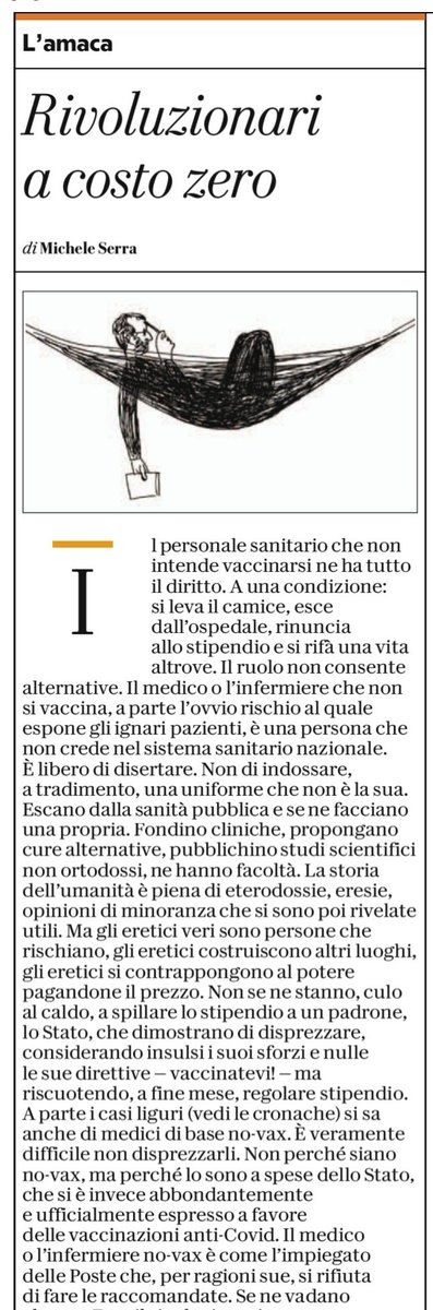 disibio's tweet photo. Rivoluzionari a costo zero, rivoluzionari a spese degli altri, rivoluzionari sulla pelle degli altri.
Michele Serra  su la Repubblica 
parla di quelli che si nascondono dietro un diritto per giustificare un pericoloso sopruso. 

#VaccinoAntiCovid
#Vaccini
#Covid_19 https://t.co/nJZGzXXCi7
