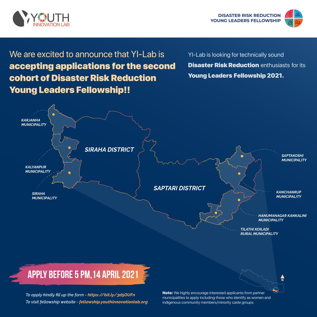 YILabNepal's tweet photo. YI-Lab is accepting application for the DRR Young Leaders Fellowship 2021 program for its 7 project municipalities. 

For fellowship details, application instructions, guidelines, and FAQs, please check the fellowship website, https://t.co/JoaniEpoC6.
@DRRFellowship  #DRRYLF2021 https://t.co/AvYJRiH02e