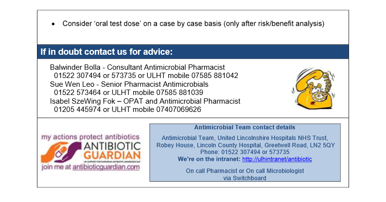 AbxULHT (@abxulht) on Twitter photo Message of the Month for March from the Antimicrobial Pharmacy is:
Penicillin Allergy
Trust-wide audit reports that 1 in 4 patients can be safely de-labelled suggesting that the penicillin allergy is not true in those cases.
Let's use #antibiotics wisely!
<a href="/ULHT_News/">NHS United Lincs</a> #AMS Message of the Month for March from the Antimicrobial Pharmacy is:
Penicillin Allergy
Trust-wide audit reports that 1 in 4 patients can be safely de-labelled suggesting that the penicillin allergy is not true in those cases.
Let's use #antibiotics wisely!
<a href="/ULHT_News/">NHS United Lincs</a> #AMS