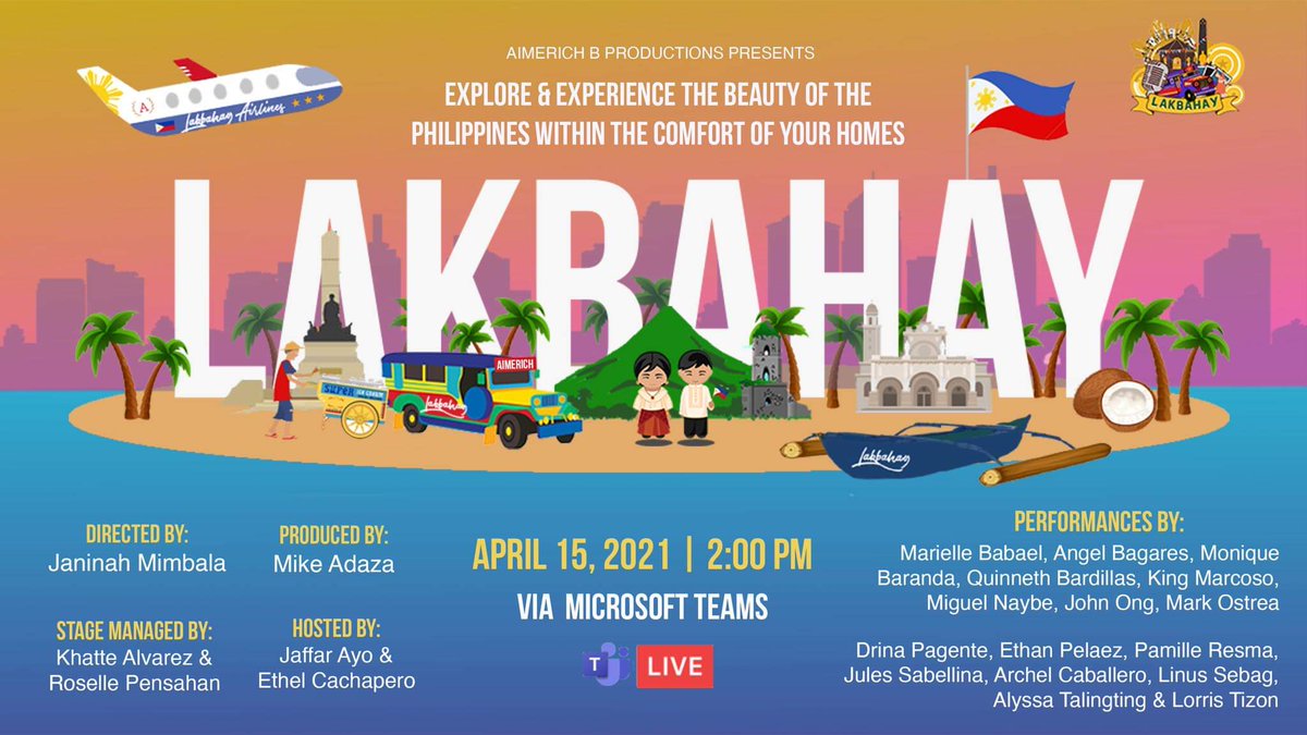 12AimerichB's tweet photo. Higala! Pack your belongings and join us as we discover the cultural arts and customs of the various regions in the Philippines and marvel at the secret beauty of the Pearl of the Orient. See you soon on our new date April 15, from 2:00 to 3:00 p.m. on MS Teams! https://t.co/Nz4uzOvw9B