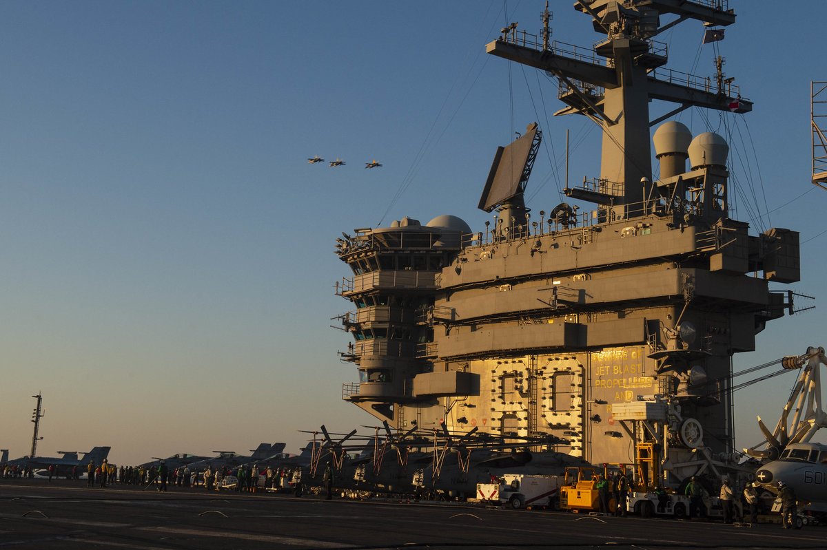 USNavyEurope's tweet photo. Good morning from @TheCVN69 ✈️ 
.
@USNavy jets fly over #USSDwightDEisenhower (CVN 69), in the Mediterranean Sea. #WeLikeIke https://t.co/b6zAJkaHM1