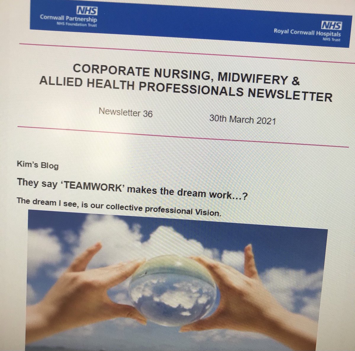frazerunderwood's tweet photo. Our weekly newsletter is ready to go out - contact you NMAHP line-manager @CornwallFT @RCHTWeCare if you don’t get to see it - looking forward to reading #KimsBlog @kimvon_o on #teamwork @NMAHPVision https://t.co/1NfyaDN7Gj