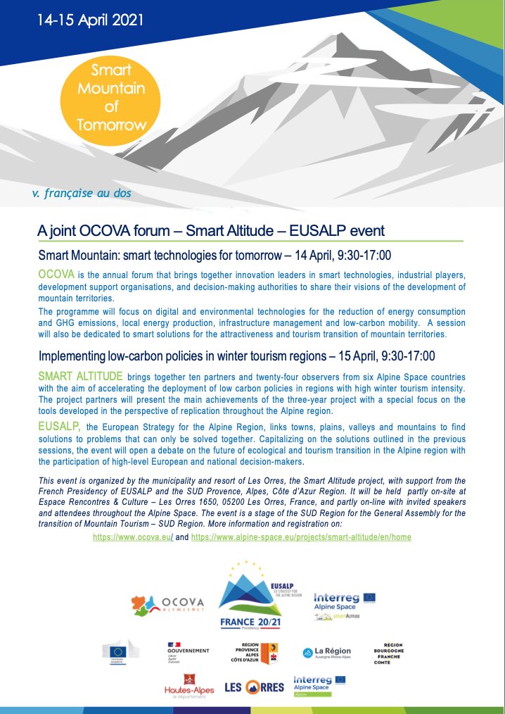 📩 Save the date - 14th &amp; 15th of April, 2021: Joint OCOVA Forum and <a href="/EUAlpineSpace/">Interreg AlpineSpace</a> #SmartAltitude final event with the collaboration of <a href="/_Eusalp/">EUSALP</a>.

More information available here: alpine-region.eu/SmartAltitudef…