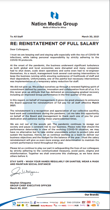oleshitemi's tweet photo. Nation Media Group reinstates full salaries for all its staff, effective March 2021. #MediainKE https://t.co/ERimy0yw78