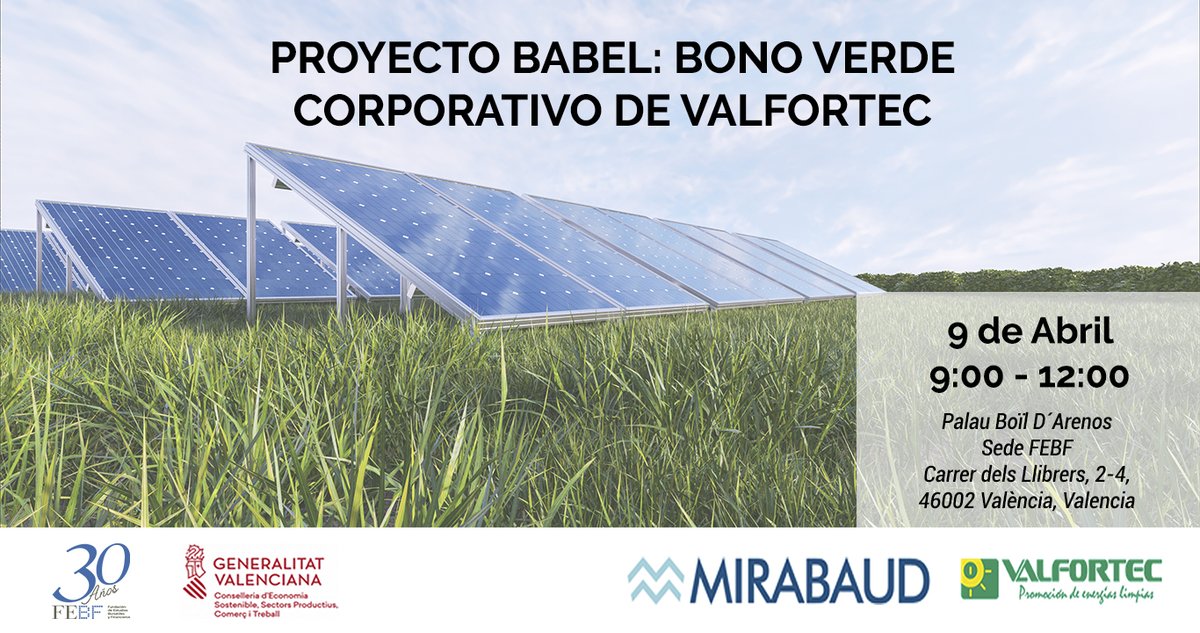 FEBFValencia's tweet photo. 🌍 Jornada Proyecto Babel: Bono Verde Corporativo de Valfortec
📆 9 de Abril 🕘 9:00-12:00 horas
📍 Sede de la FEBF
👉 Información e inscripciones: https://t.co/Z9htcgTr6I
🔴 Aforo Limitado
#FEBF #Bonoverde #jornada #proyectobabel https://t.co/VsE5iXNeG2