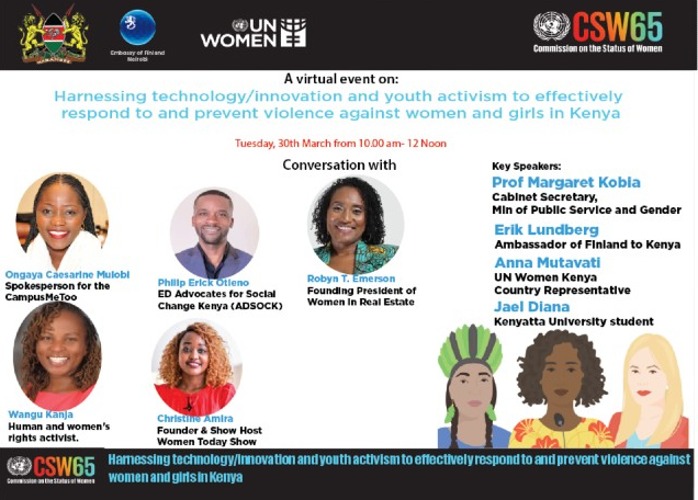 unwomenafrica's tweet photo. #HappeningNow| Harnessing technology/innovation and youth activism to effectively respond and prevent violence against women and girls in Kenya. Convened by @unwomenkenya & @FinnishEmbNBO
Watch live: https://t.co/8uvBw5B7PF
#CSW65 #csw65ke #GenerationEquality https://t.co/YvfkX6LMCS