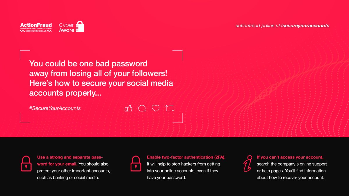 nottspolice's tweet photo. You could be one bad password away from losing all of your social media followers. Check out these top tips on how to secure your social media accounts 👇
https://t.co/LyyEz5VZKY #SecureYourAccounts
#nottinghamshire #eastmidlands #nottscyberprotect #cyberprotect https://t.co/rzRWiIcJso