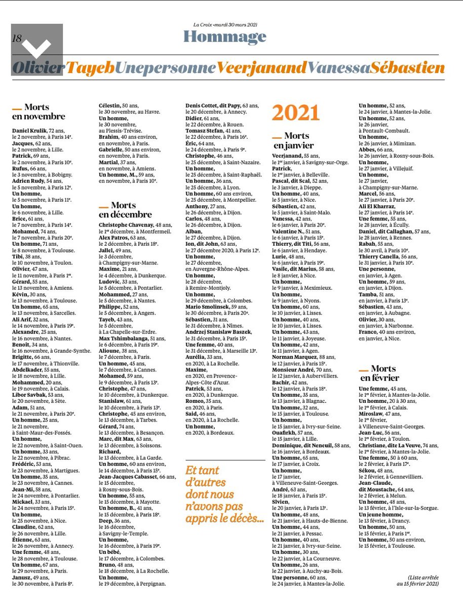 🇫🇷 FLASH - 535 : c'est le nombre de "morts de la rue" recensés en 2020 en #France. <a href="/LaCroix/">La Croix</a> leur rend hommage ce matin. (via <a href="/ElsaFaucillon/">Elsa Faucillon</a>)