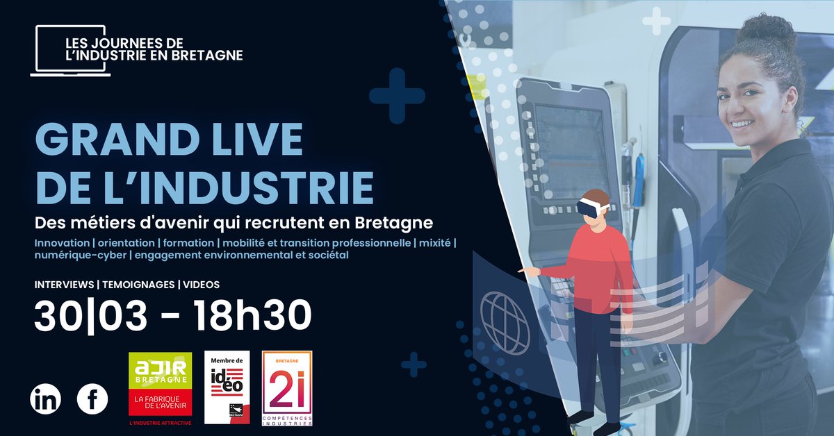 3556Uimm's tweet photo. ⏰📺RDV ce soir à 18h30 pour le "Grand Live de l'#Industrie". 👉https://t.co/GxJN2Y0izp
1 heure de direct pour (re)découvrir tous ces #métiers attractifs qui recrutent en #Bretagne. Interviews, vidéos. Tout public. https://t.co/Ppp7OJVYRx