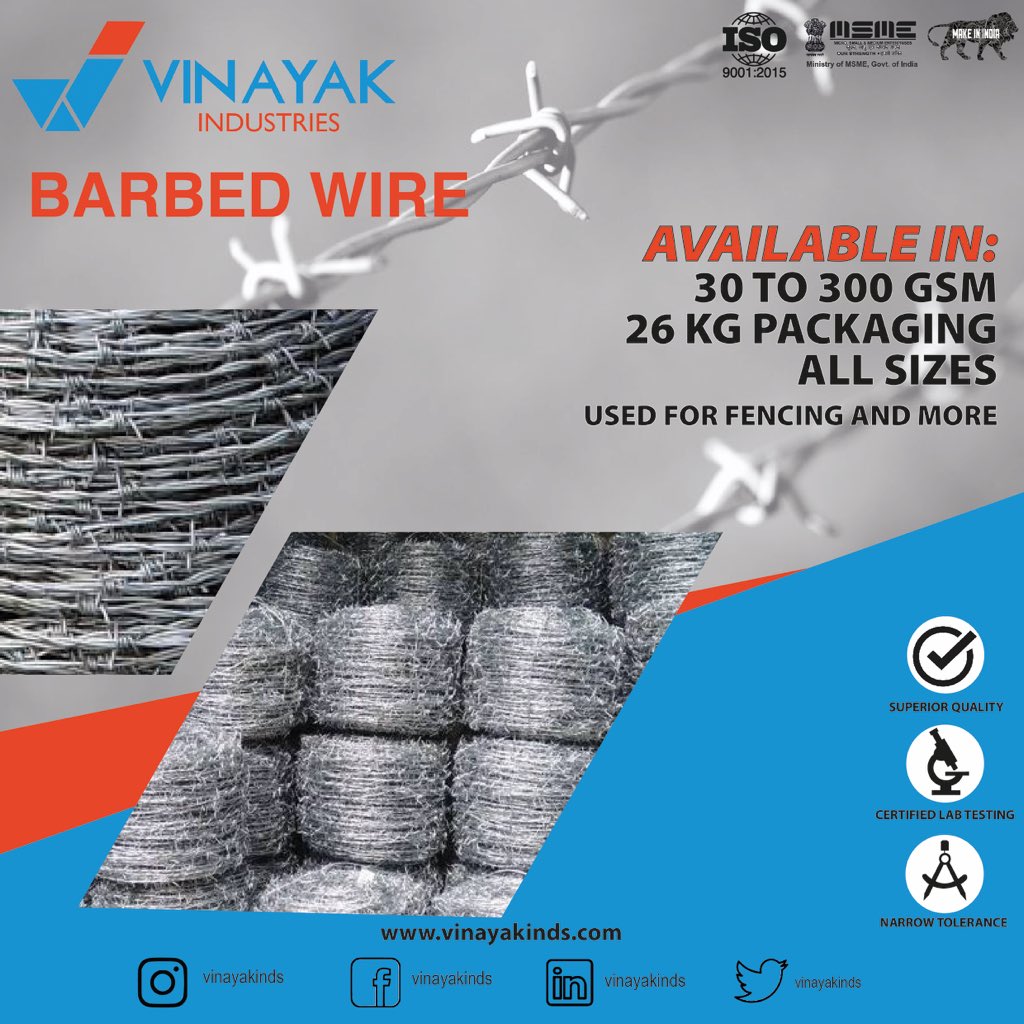 VinayakInds's tweet photo. We supply high quality Barbed wire in all sizes with zinc coating of upto 300 GSM.
.
.
#giwire #galvanisedwire #barbedwire #weldmesh #chainlink #bindingwire #prestressconcretewire #mswire #hbwire #giwire #wetwire #stitchingwire #madeinindia #vocalforlocal #vinayakinds https://t.co/1PHLxr0VfD