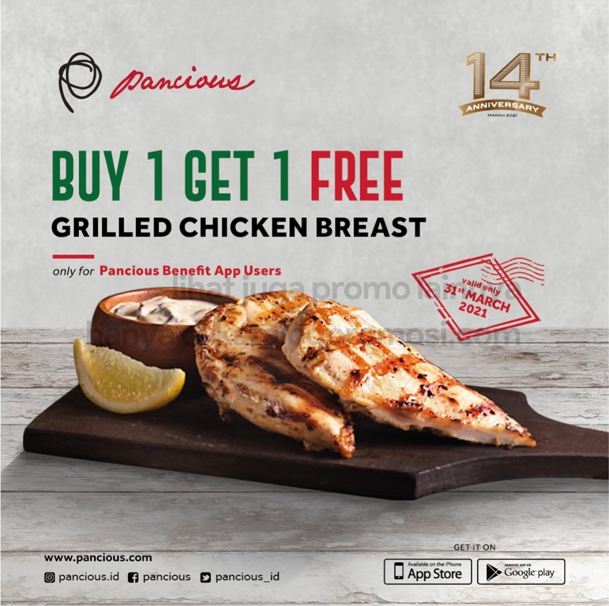 katalogpromosi's tweet image. PANCIOUS Promo BELI 1 GRATIS 1 untuk Grilled Chicken Breast, Hanya berlaku tanggal 31 Maret 2021 khusus untuk Member Pancious Benefit App

info lengkap ▶️ ow.ly/YDfB50EbPlO

#pancious #promo #diskon #infopromo