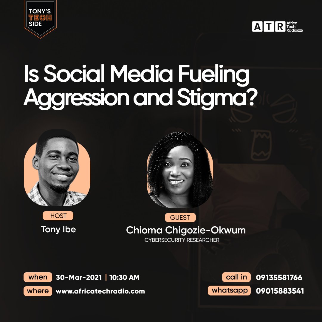 africatechradio's tweet photo. Join us today on #TonysTechRadio as we discuss
"Is Social Media Fueling Agression and Stigma?"
with your host @Tony_ibe and @CyberChioma
At 10:30am, listen live on https://t.co/RWdKUtuvkk
#AfricaTechRadio #SocialMedia #CyberChioma #TheCons https://t.co/GqixKIa93G