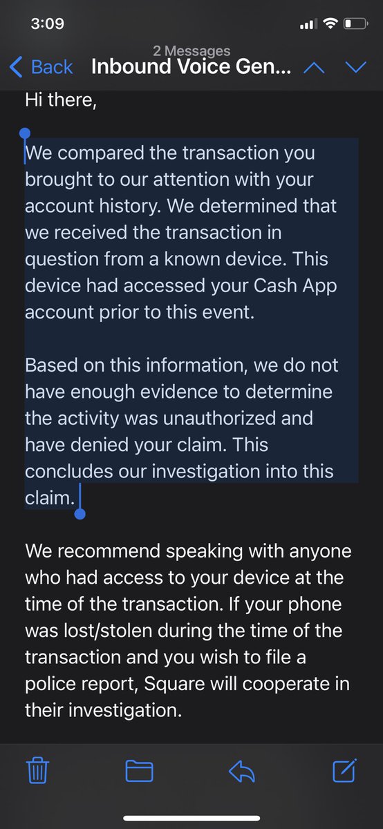 marthaesconh's tweet photo. After two days I sent an email and they opened the “case” for an investigation. And after one day of investigation they send me this #cashapp #cashappscammers #cassapp @CashApp #fraud https://t.co/epAj0cSNnv