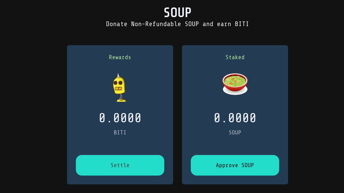 Get your $SOUP ready #broths!

Farming for $BITI token is scheduled to go live today, March 30, 2021 at 4PM UTC.

And for the first 24h, you can exclusively farm BITI tokens with SOUP!

Read more at docs.biti.city 
Get your SOUP at soups.finance 

#BSC #NFT