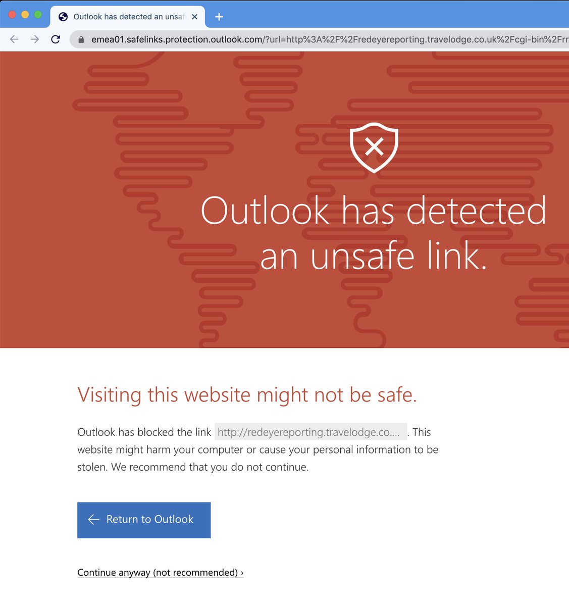 SteveWalkerWeb's tweet photo. @TravelodgeUK Just to make you aware, Outlook email addresses seems to be incorrectly flagging your 'redeyereporting' subdomain as unsafe. I followed a link from a newsletter email. Something you might want to look into! https://t.co/vtfCNozWTU
