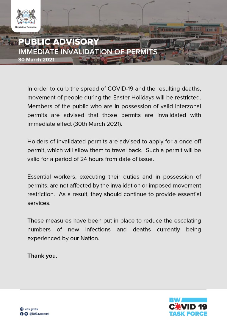 THE PUBLIC IS ADVISED ON IMMEDIATE INVALIDATION OF PERMITS!

#LetsDefeatCOVID19Together #AReFenyengCOVID19Mmogo 🇧🇼
