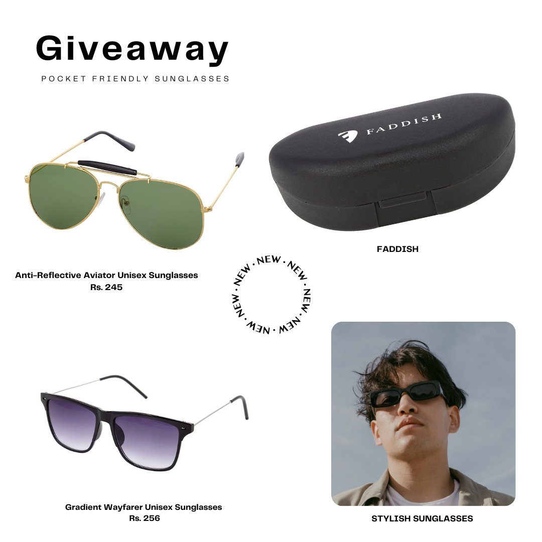 GiftingGeek's tweet photo. Enjoy the sunshine in style with Faddish sunglasses. It can be teamed with any cool outfit. Ranging from 200 Rs., these sunglasses are pocket friendly &amp; cool gifts for any occasion. 

Check the direct link to buy from Amazon:
https://t.co/nZqh6150u1

#faddish #sunglasses #eyewear https://t.co/GwrfNITHTn