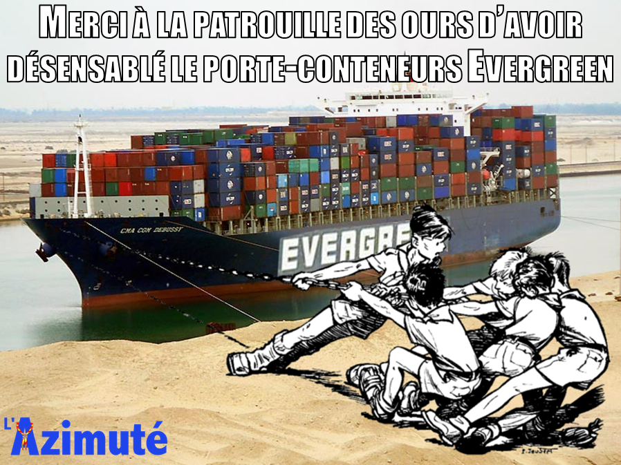 Lazimute's tweet photo. Merci à la patrouille des ours pour le désensablage du porte-conteneurs #Evergreen !! https://t.co/VCxMSYIixw