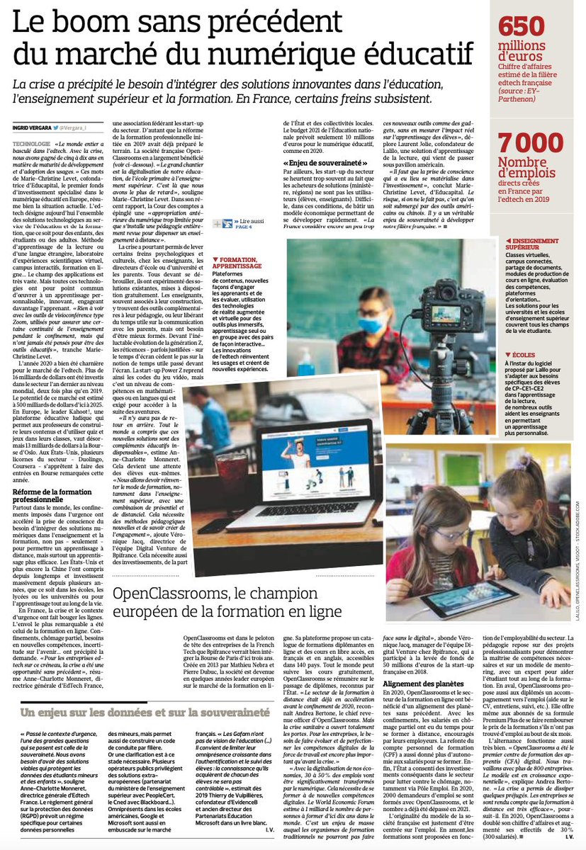 "Nous allons devoir réinventer le mode de formation, avec une combinaison de présentiel et de distanciel. Cela nécessite des méthodes pédagogiques nouvelles et de savoir créer de l’engagement." 
Le "boom" des #EdTech à lire dans <a href="/Le_Figaro/">Le Figaro</a> 🚀 <a href="/vergara_i/">Ingrid Vergara</a> 

lefigaro.fr/secteur/high-t…