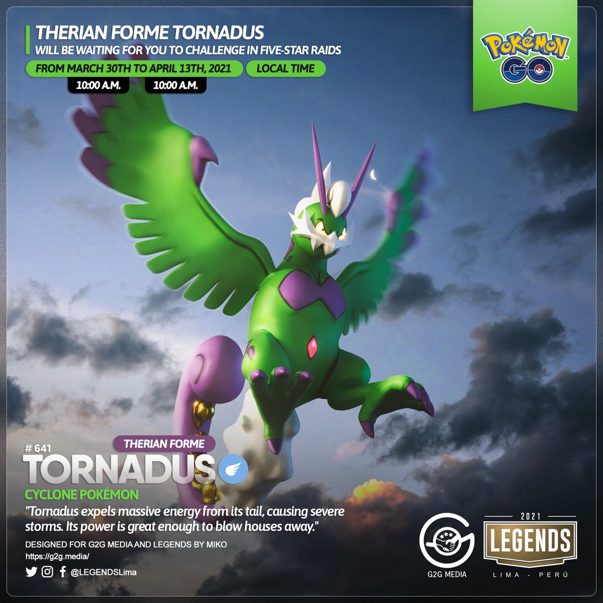PokeClubTeam1's tweet photo. ‼️Therian Forme #Tornadus is coming to five-star raids!🦅
⁣
Starting, March 30th at 10:00 a.m. local time⌚

Good luck in getting the hundo!💯

#PokémonGO #PokémonGOApp #pokemongonews #PokemonGOfriends #PokemonGoRaids #legendarypokemon #remoteraids https://t.co/t3jfzC0LSW
