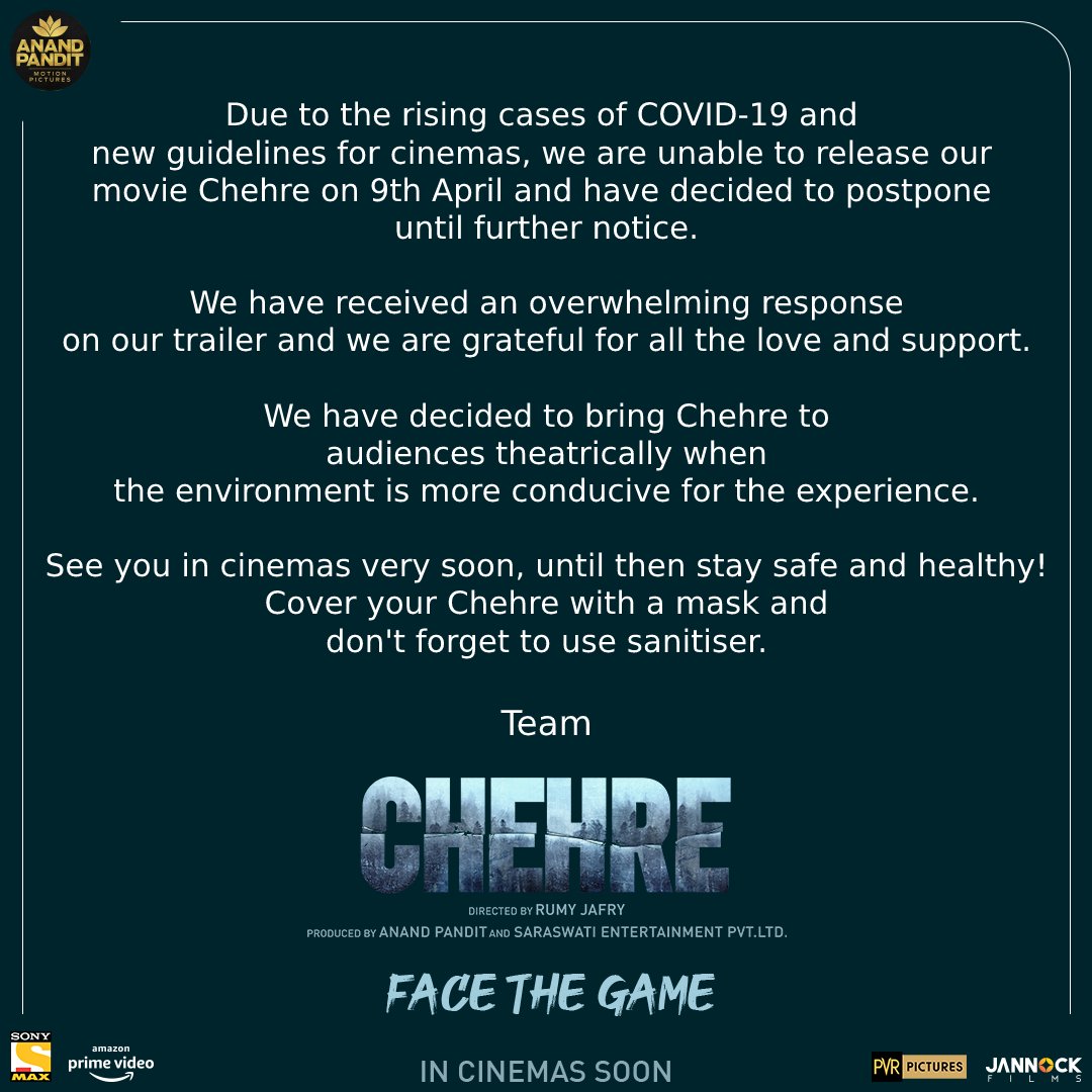 MovieZine_'s tweet photo. As said Before, #Chehre Starring #AmitabhBachchan and #EmraanHashmi gets postponed.
OFFICIAL STATEMENT 👇

@SrBachchan @emraanhashmi @Srbachhchan1 @EmraanHFilms https://t.co/gLMtMweY4E