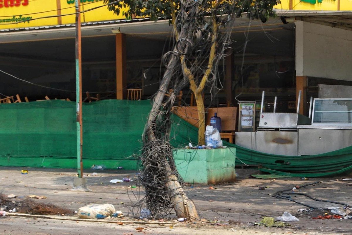 After cruel night raid at South Dagon with burnt cars, bullets broken windows , destroyed phone &amp; wifi cables like a war-zone, some people have fled the area &amp;. the whole township looks like demolished zone. #WhatsHappeningInMyanmar #Mar30Coup