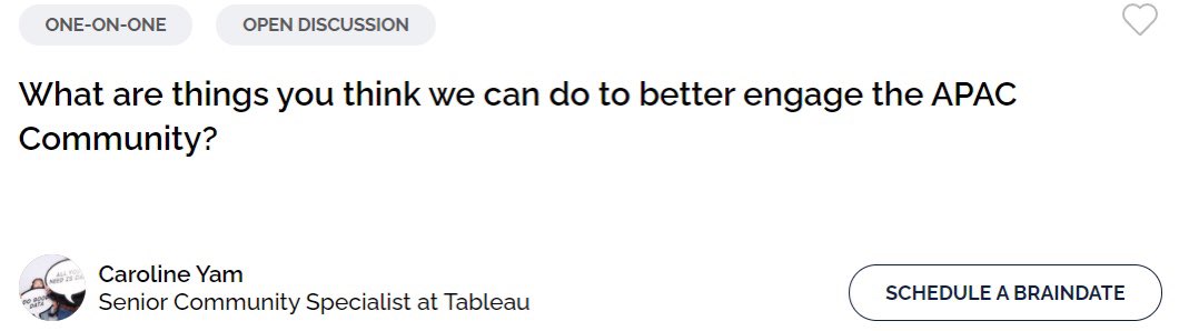 Want to make APAC <a href="/tableau/">Tableau</a> #datafam more fascinating. Ask <a href="/yam_caroline/">caroline yam</a> at tableaucommunity.braindate.com