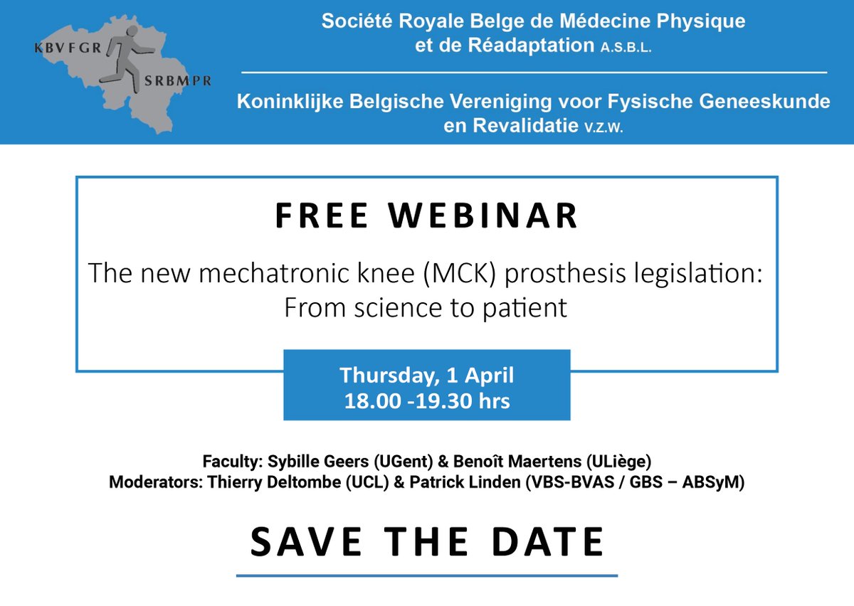 MediCongress_'s tweet photo. On 1 April we organize a webinar for the Belgian Society of Physical Medicine and Rehabilitation on The new mechatronic knee (MCK) prosthesis legislation: From science to patient.

https://t.co/fC9OWSx5VR
#Webinar #PRMBelgium https://t.co/y1mdURPS2r