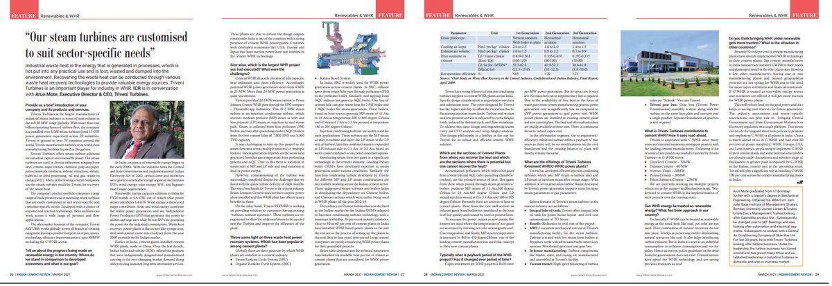 In a recent interview in @indiancement magazine, Mr. Arun Mote talks on how industrial #wasteheat can be utilized as an #energysource through  #WasteHeatRecovery technologies
#TriveniTurbines #clientdiaries