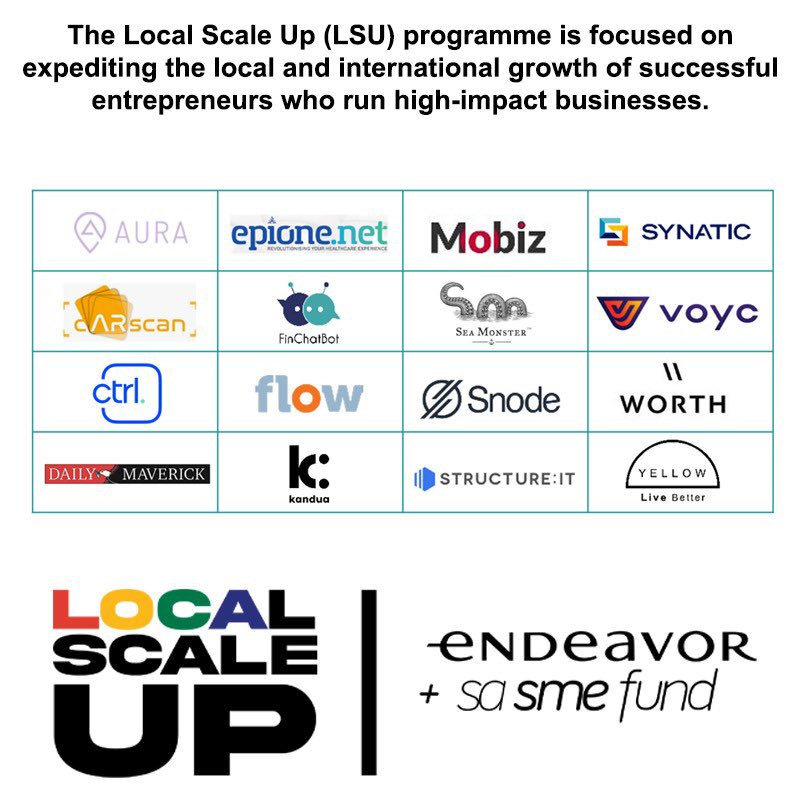 The Local Scale Up (LSU) programme is focused on expediting the local and international growth of successful entrepreneurs who run high-impact businesses.
sasmefund.co.za/2021/03/25/new…

#EndeavorSA #TheSASMEFund #SMEgrowth #jobcreation #LocalScaleUP  #startups  #entrepreneurs