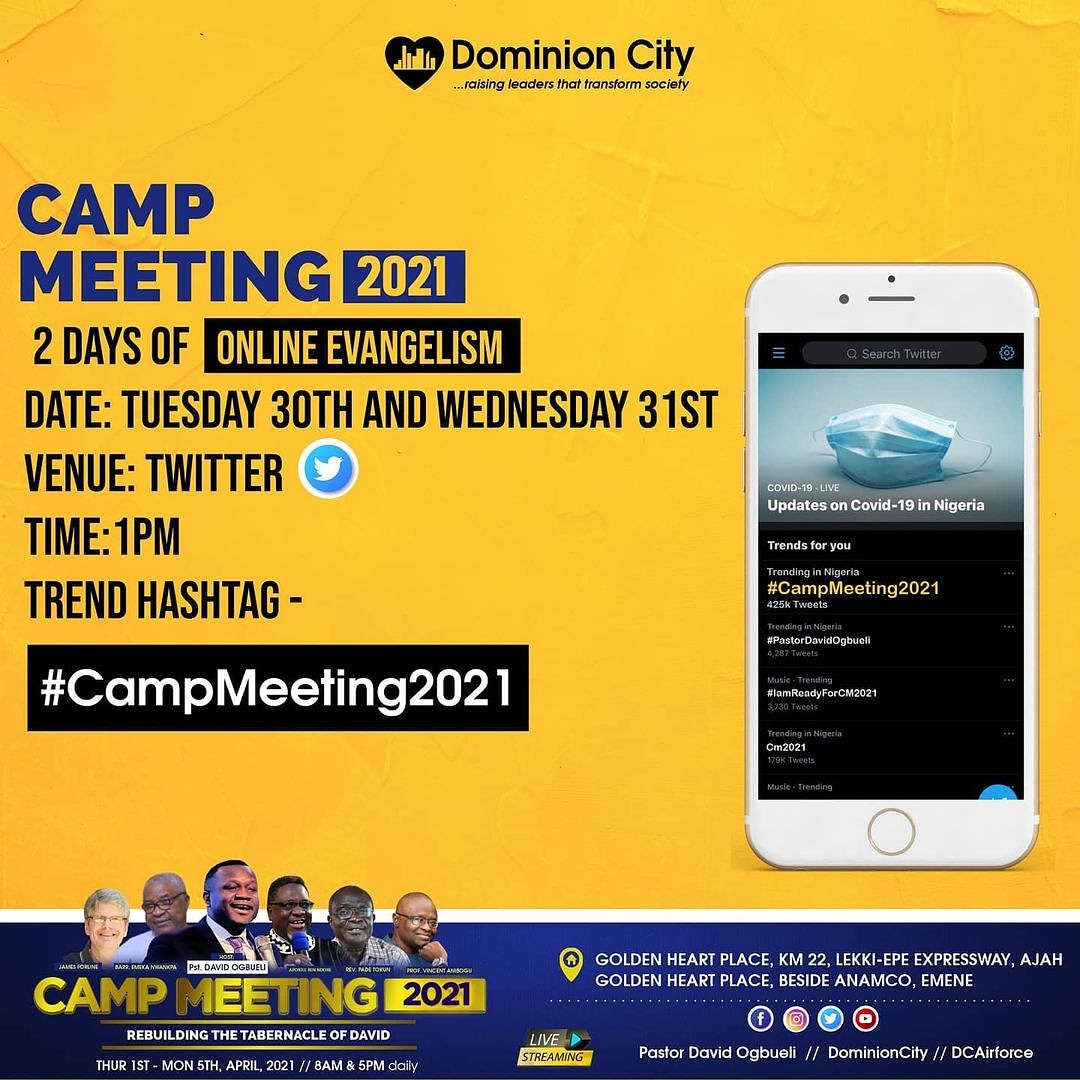 dominioncityPh_'s tweet photo. We are setting TWITTER on fire by 1pm GMT+1 Today &amp; Tomorrow.

Post something about Camp Meeting on TWITTER and add this hashtag --
#campmeeting2021

Together we are making Camp Meeting 2021 trend all over the social media. Let's do it.

#CampMeeting2021 https://t.co/BLABI2PfwG