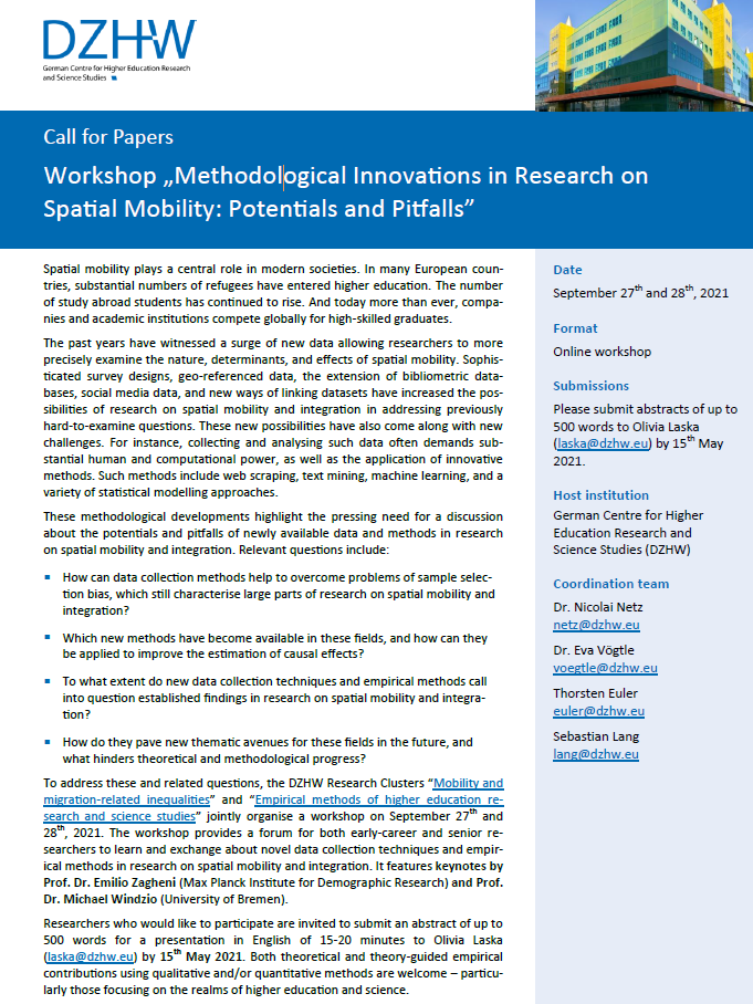 akadsoz's tweet photo. Space, mobility, society:
Workshop 'methodological innovations in research on spatial mobility' at @DZHW_info 
Keynotes by @ezagheni @MPIDRnews Michael Windzio @SociumBremen 
Sep 27/28, 2021, online.
Call for papers deadline: May 15, 2021
More Info: https://t.co/2adKzVFd6X https://t.co/AZNKjz1JQH