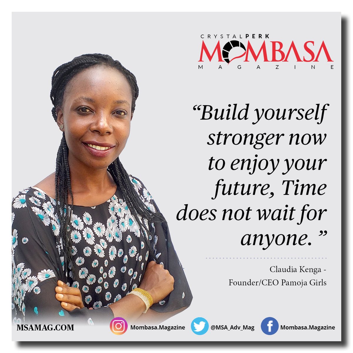 WeAreCIRMI's tweet photo. Put all your strategies and strengths in your vision so as to enjoy your dreams in the future. Lost times is never gained and remember it is better to be two hours too soon than a minute late. @claudiadhahabu #pamojagirls #MombasaMagazine #CrystalPerk #CrystalPerkMombasaMagazine https://t.co/FJBQIKBQ2Q