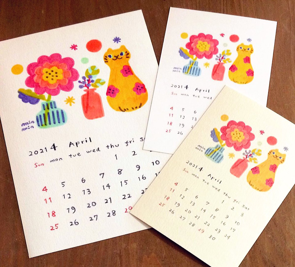 Twitter पर Minmin 4月の ねこカレンダー 完成 ゆるいイラスト 手描きイラスト 落書きイラスト 猫イラスト 花 イラスト 春イラスト 手作りカレンダー