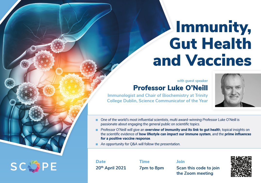 ScopeHealthcare's tweet photo. VACCINES, GUT HEALTH &amp; IMMUNITY - How are they linked? Professor Luke O’Neill, one of the world’s most influential scientists will be discussing these relevant topics and YOU ARE INVITED. Date: 20th April at 7pm. Register: https://t.co/gB98A3UALj #vaccine #guthealth #immunesystem https://t.co/PjtZShedvq