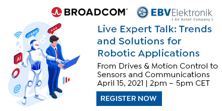 IWCNavispace's tweet photo. #IWCPartnerProgram - On 15 April, 2pm CET, join the @EBVElektronik & @Broadcom Expert Talk: Trends and Solutions for #Robotic Applications! Learn more about #AI #5G #EdgeComputing and new #semiconductor products enabling robots to operate & communicate https://t.co/XG0WCn2dWd https://t.co/e3z9V1nc0T